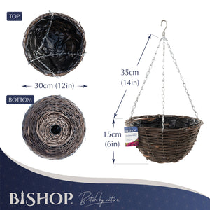 Country Rattan Wicker Hanging Basket Dark Weave 30cm (12in)